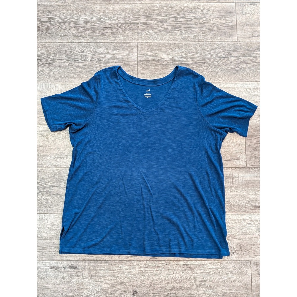 J.Jill Pima Slub Elbow-Sleeve Tee Blue V-Neck 100% Pima Cotton XL